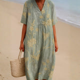 Cristina - Blue-Grey Dress with Floral Embroidery
