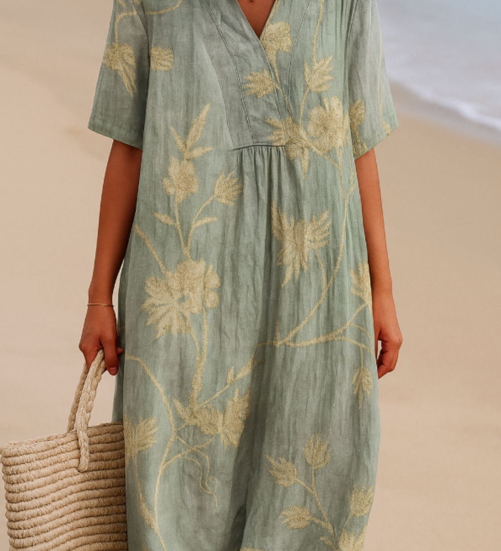 Cristina - Blue-Grey Dress with Floral Embroidery