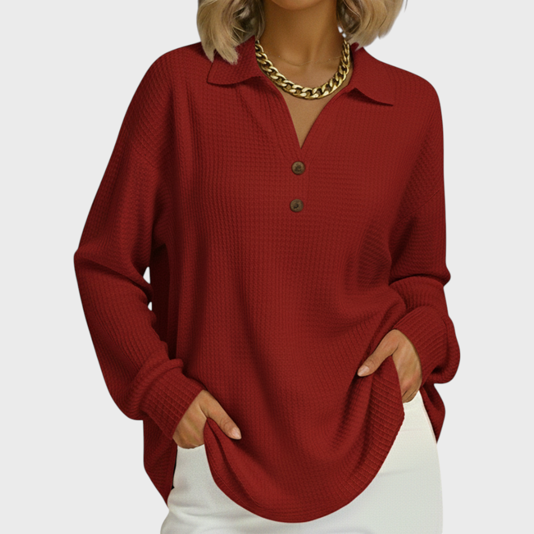 Laura – Orange Jumper with Polo Collar