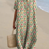 Francisca - Retro Floral Dress in Aqua Green